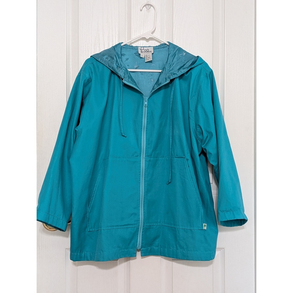 Lilly Pulitzer Womens L Teal Blue Cotton Hooded Zip Up Jacket Palm Tree Lining